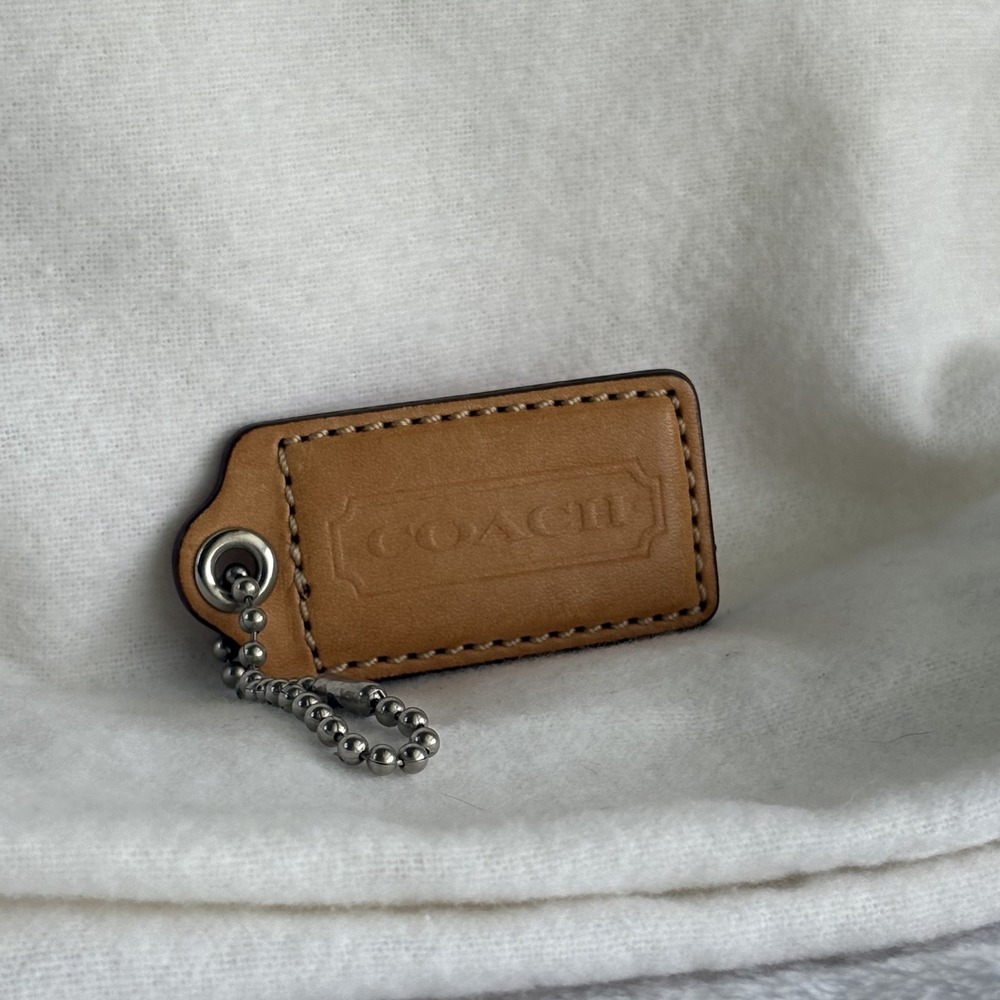COACH 2.25" Hang Tag Fob Bag Charm Saddle Tan Leather, Silver Ball Chain